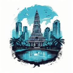 an AI Image Generator, Artistic Illustration of a Temple Reflecting with Skyline