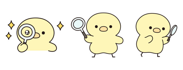 虫眼鏡で観察する可愛いひよこのイラストセット