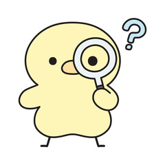 虫眼鏡を覗いて疑問符を浮かべる可愛いひよこのイラスト