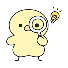 虫眼鏡を覗いて何かを閃く可愛いひよこのイラスト
