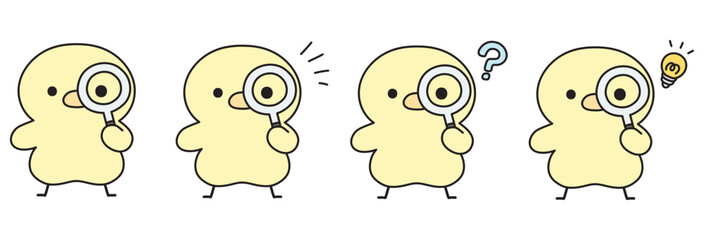 虫眼鏡を通してこちらを見る可愛いひよこのイラストセット