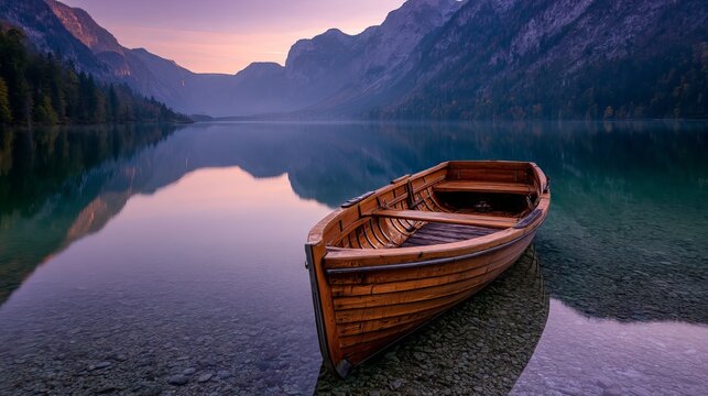 Serene Wooden Rowboat on Calm Lake at Sunrise Majestic Mountain Landscape Peaceful Tranquil Nature Scene Beautiful Scenery Breathtaking View Picturesque Alpine Lake Serenity wild  