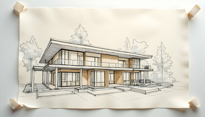 House Architectural Drawing Modern Home Sketch on Paper