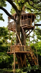 an AI Image Generator, a Lush Green Forest with Wooden Stairs