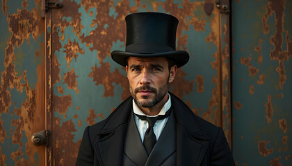 Man Wearing Top Hat and Formal Wear Stands Near Rusty Wall