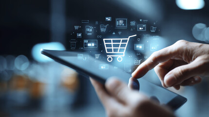 Obraz premium Online shopping concept with digital shopping cart icon and hand using tablet device for e commerce purchase in blurred background