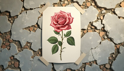 Rose Illustration Attached to Cracked Wall with Tape