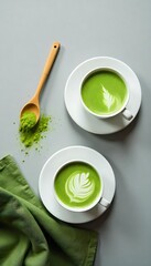 Generative AI Matcha latte art with wooden spoon and cloth top view