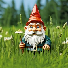 an AI Image Generator, Garden Gnome Statue in Tall Grass with Red Hat