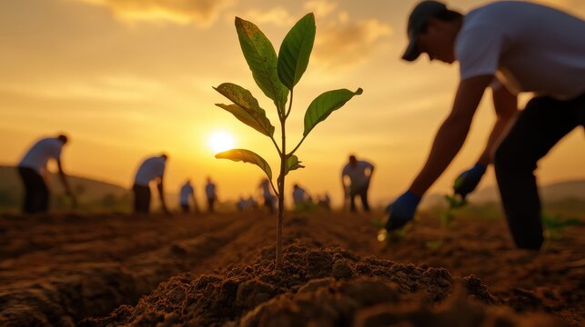 Young Plant Growing in Sunset with Farmers Working in the Background - Powered by Adobe