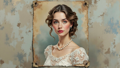 Woman Portrait with Pearl Necklace in Vintage Style