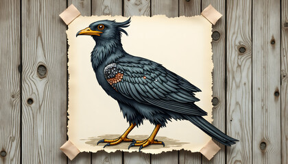 Standing Bird Illustration with Decorative Wood Background