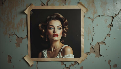 Woman Portrait with Retro Hairstyle Pinned on Cracked Wall
