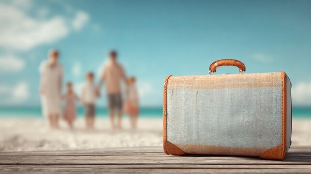 Vintage Suitcase Beach Vacation Family Travel Summer Holiday Memories Ocean Background Relaxing Trip Happy Family Summertime Fun Perfect Getaway Family Adventure Coastal Scene - Powered by Adobe