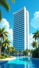 Generative AI Stunning tropical resort with a high-rise building and azure pool