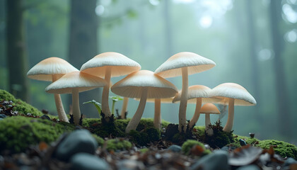 Mushrooms Growing in a Forest, Foggy Woodland Scene