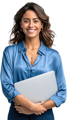 Professional Portrait: A young, confident professional woman, radiant with a warm smile, is captured in a well-lit studio, holding a laptop, projecting an image of capability and expertise.