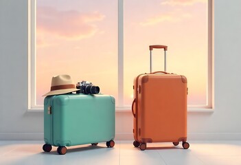 Generative AI Travel Ready: Suitcases Packed for Vacation near Sunset Window