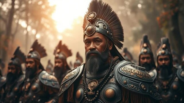 Armored warriors in misty forest with central figure wearing ornate helmet and detailed medieval armor - Powered by Adobe