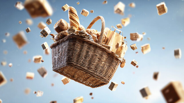 Wicker basket filled with various types of bread and paper bags is floating in air surrounded by small wooden cubes, creating surreal and dynamic scene
