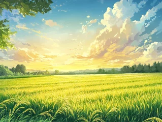Fotobehang Golden rice field at sunset. Lush, vibrant landscape © dawud