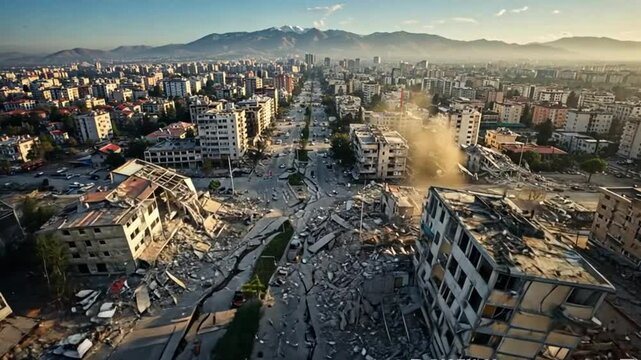  A wide aerial shot captures the devastation of a cityscape following a catastrophic event