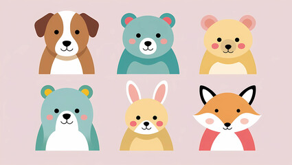 Cute animal character head icons: a fun collection of cartoon pets including a dog, cat, fox, bear, rabbit, tiger, pig, and panda