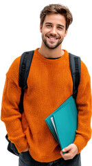 Smiling Student: A young, bright, and attractive student stands poised, backpack slung over his shoulders, clutching a file as he smiles gently at the camera. Capturing a mood of optimism.
