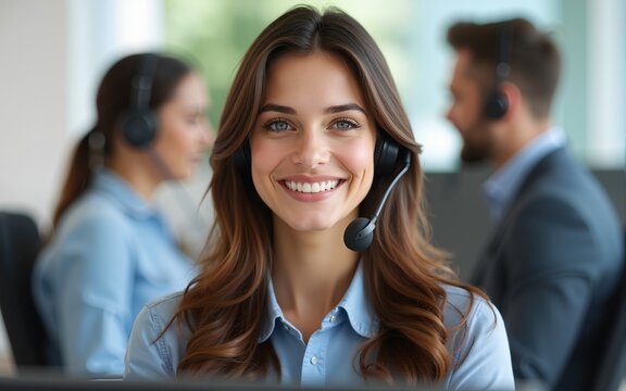 Three call centre service operators at work. Portrait of smiling pretty brunette woman at workplace employment effective mediation negotiation participation solve problem real time aid job concept