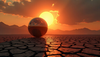 Sphere on Cracked Earth Landscape at Dramatic Sunset with Mountain Silhouette