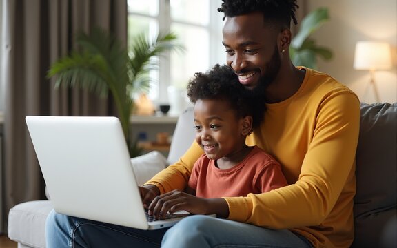 Young african american dad working remotely on laptop with child son at home. High quality