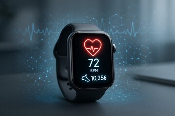 A modern smartwatch displays heart rate, steps taken, and BPM over a soft-focus background.