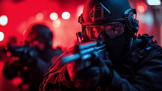The SWAT team aimed their weapons cautiously, ready to respond to any potential threat in the area.