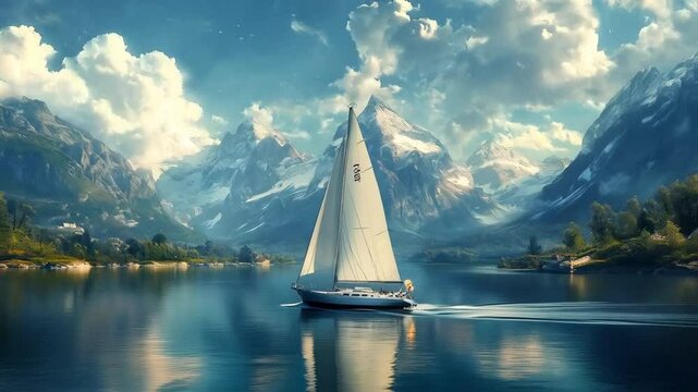 A sailboat glided gracefully across the shimmering water, harnessing the wind's power for a peaceful journey.


