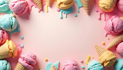 Ice Cream Scoops and Cones on Pink Background with Dripping Frosting