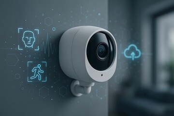 Futuristic security camera monitors face, motion, cloud with sleek design in grey tones, vigilance.