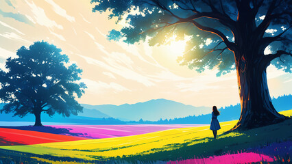 Generated colorful vibrant illustration of a minimalistic landscape with a tree in the middle of a field with silhouette of a girl standing.