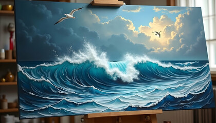 Ocean Wave Painting on Easel with Birds and Cloudy Sky