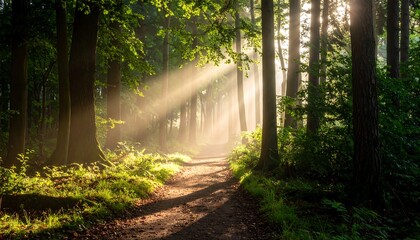 Fototapeta premium Sunbeams in a misty forest path