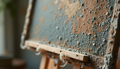 Distressed Artwork on Easel with Layered Texture and Muted Tones