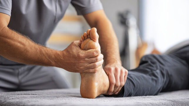 Physical therapist adjusting patient foot during therapy session, showing care and focus in clinical setting with soft natural light and comfortable environment - Powered by Adobe