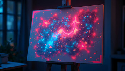 Artwork Displayed on Easel with Glowing Abstract Design