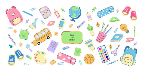 School Supplies in Flat Style. Back to school. Books, Globe, Backpack, Stationery. Kids Vector Illustration in Doodle Style. Education Art Supplies and School Stationery, Cartoon, School Bus, Board.