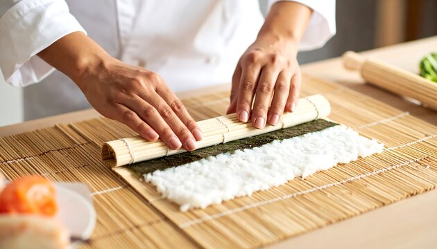 Chefs hands rolling sushi maki on bamboo mat Culinary art food preparation.