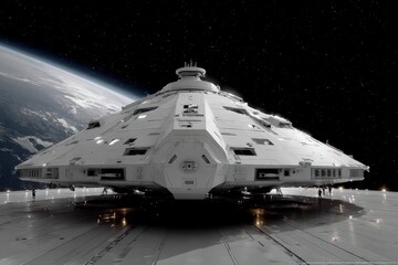 Fototapeta premium Futuristic Spaceship Docked Earth Orbit Sci Fi Artwork Spacecraft Design High Resoluti