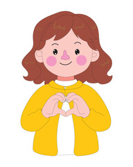 Flat vector of a cute cartoon girl smiling and making a heart shape with her hands. Kawaii character wearing yellow sweater. Ideal for love, happiness, and friendship themes.