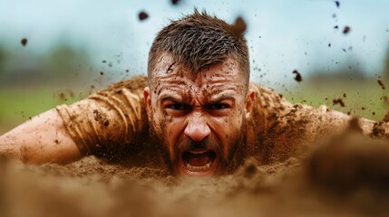 Determined man crawling through mud, grit and determination etched on his face during a strenuous obstacle course.