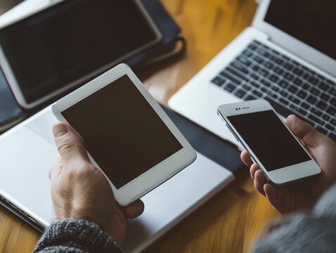 Hands holding tablets and phone on a wooden desk