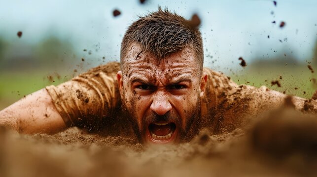 Determined man crawling through mud, grit and determination etched on his face during a strenuous obstacle course.