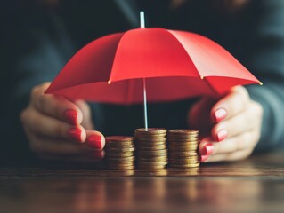 Hands protecting money with an umbrella